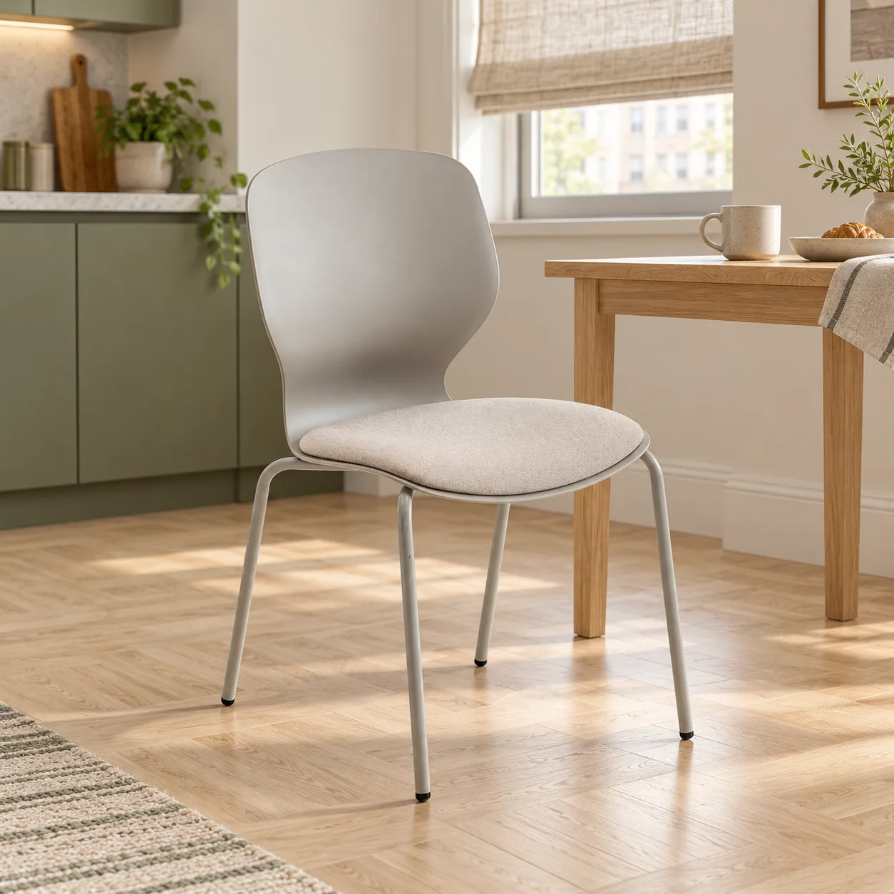 AH-7061-108 grey padded dining chair in a compact apartment breakfast nook