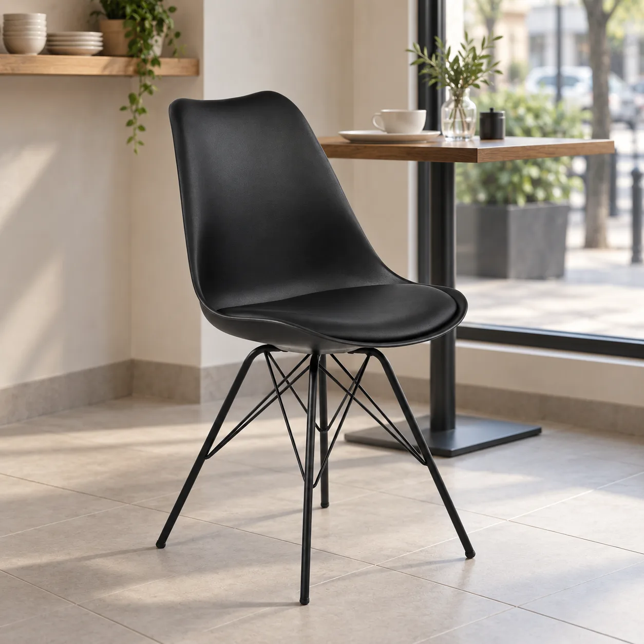AH-8010-1 black padded plastic dining chair in a small street-corner bistro
