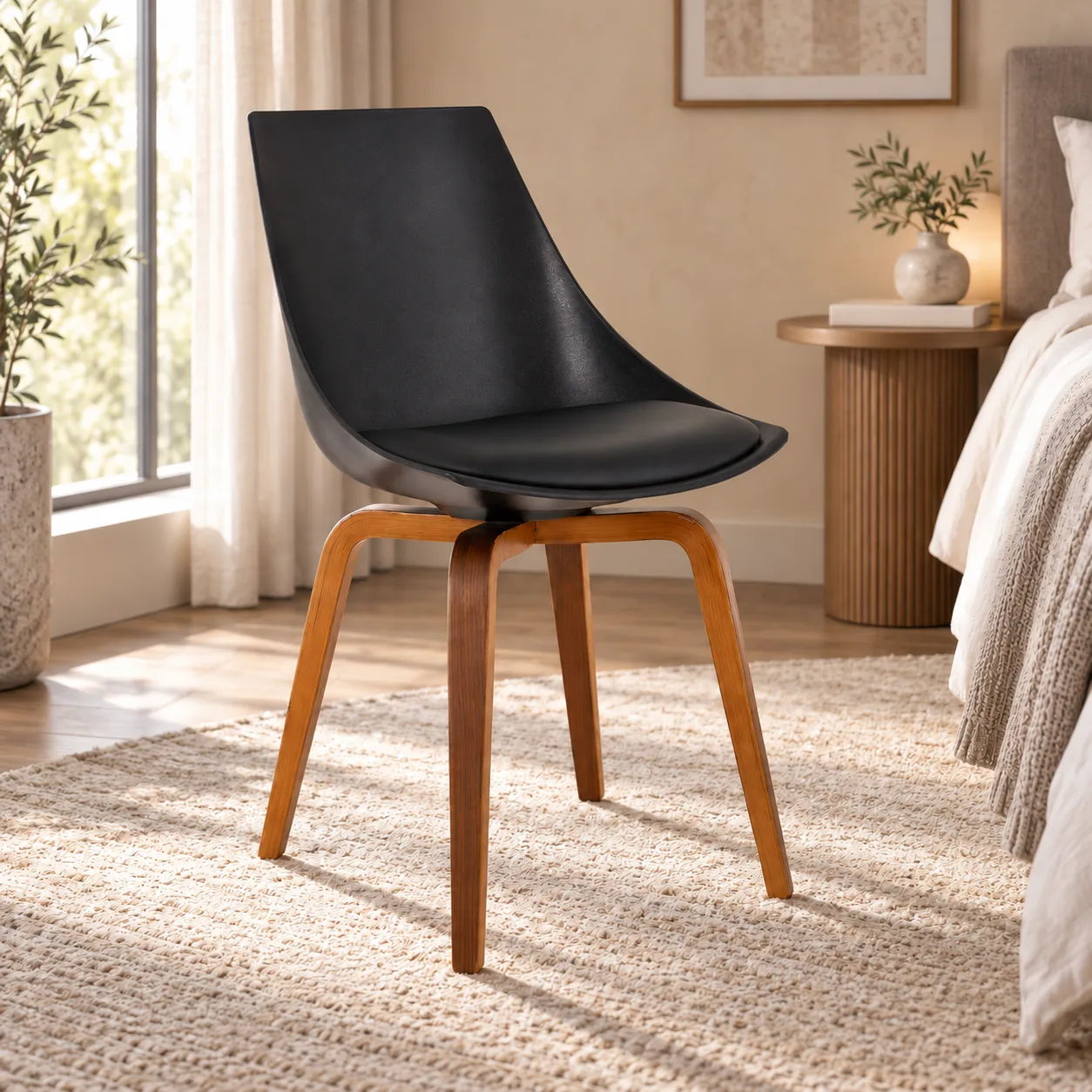 AH-8010-8A black shell chair with wood frame in a calm bedroom seating corner