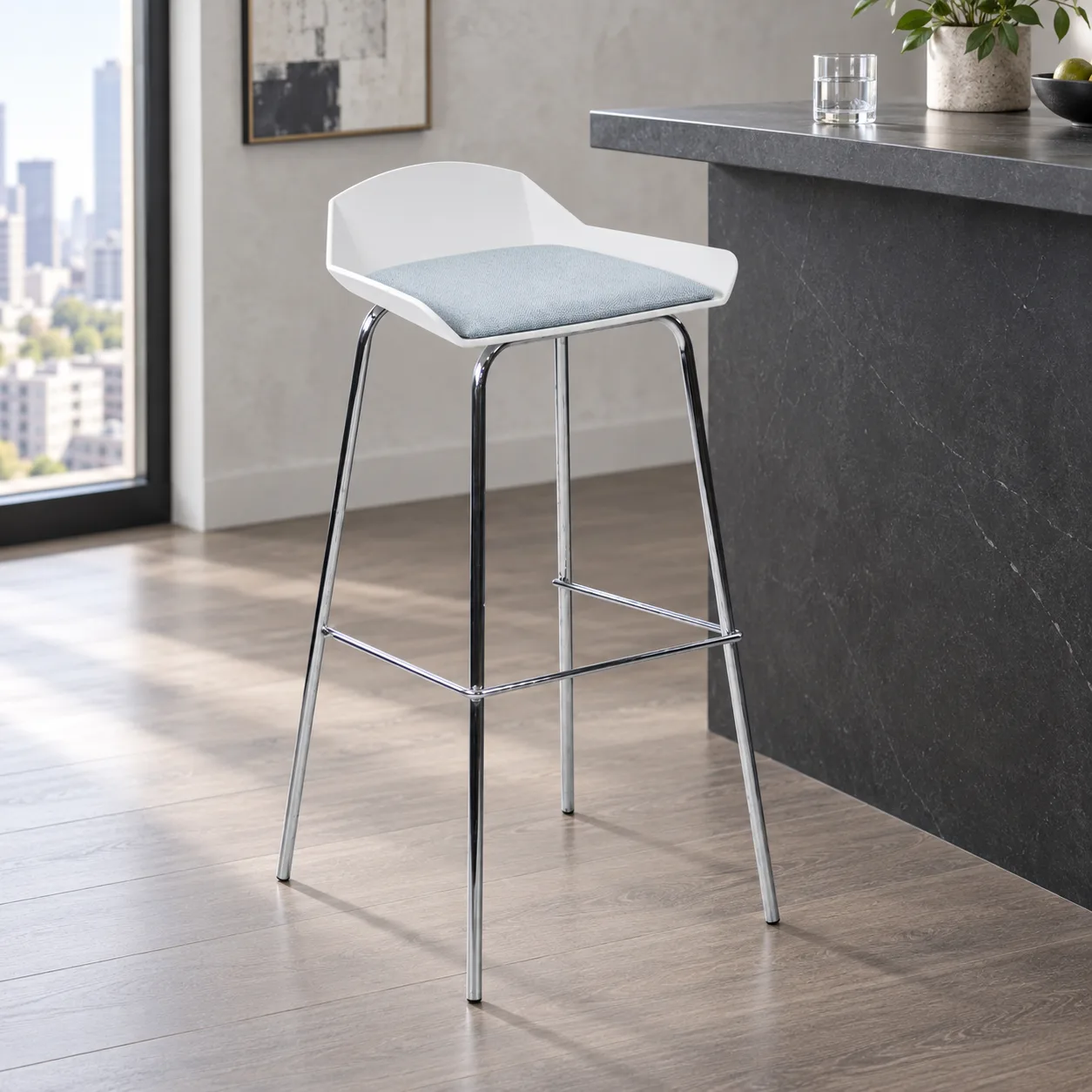 AH-8090-22 white padded plastic bar stool beside an urban residential bar counter
