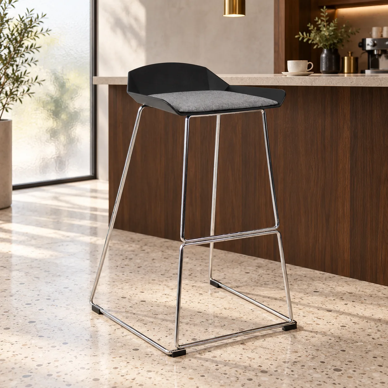 AH-8090-23 black padded bar stool beside a boutique hotel breakfast counter