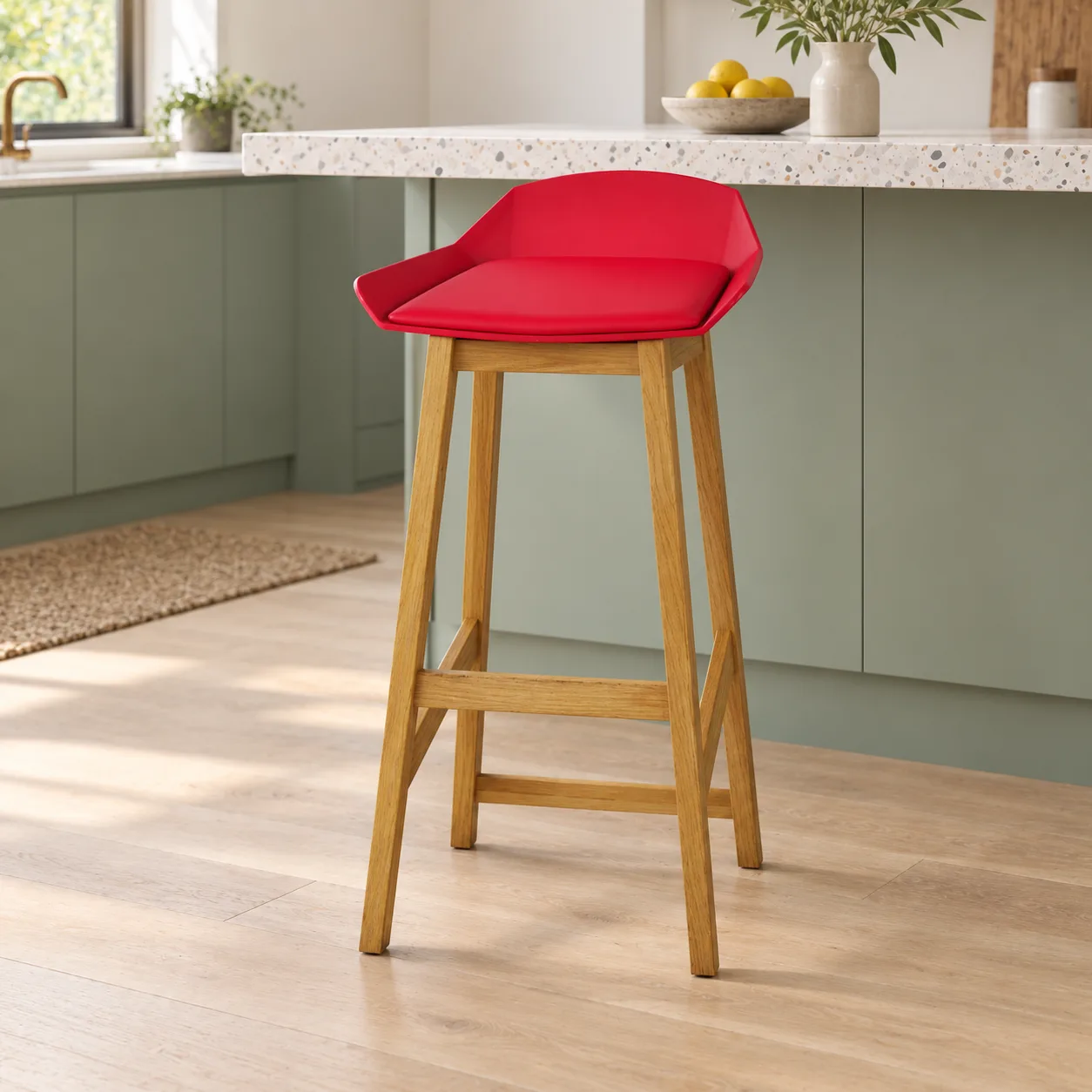 AH-8090-30 red plastic bar stool with wood legs beside a compact residential kitchen peninsula