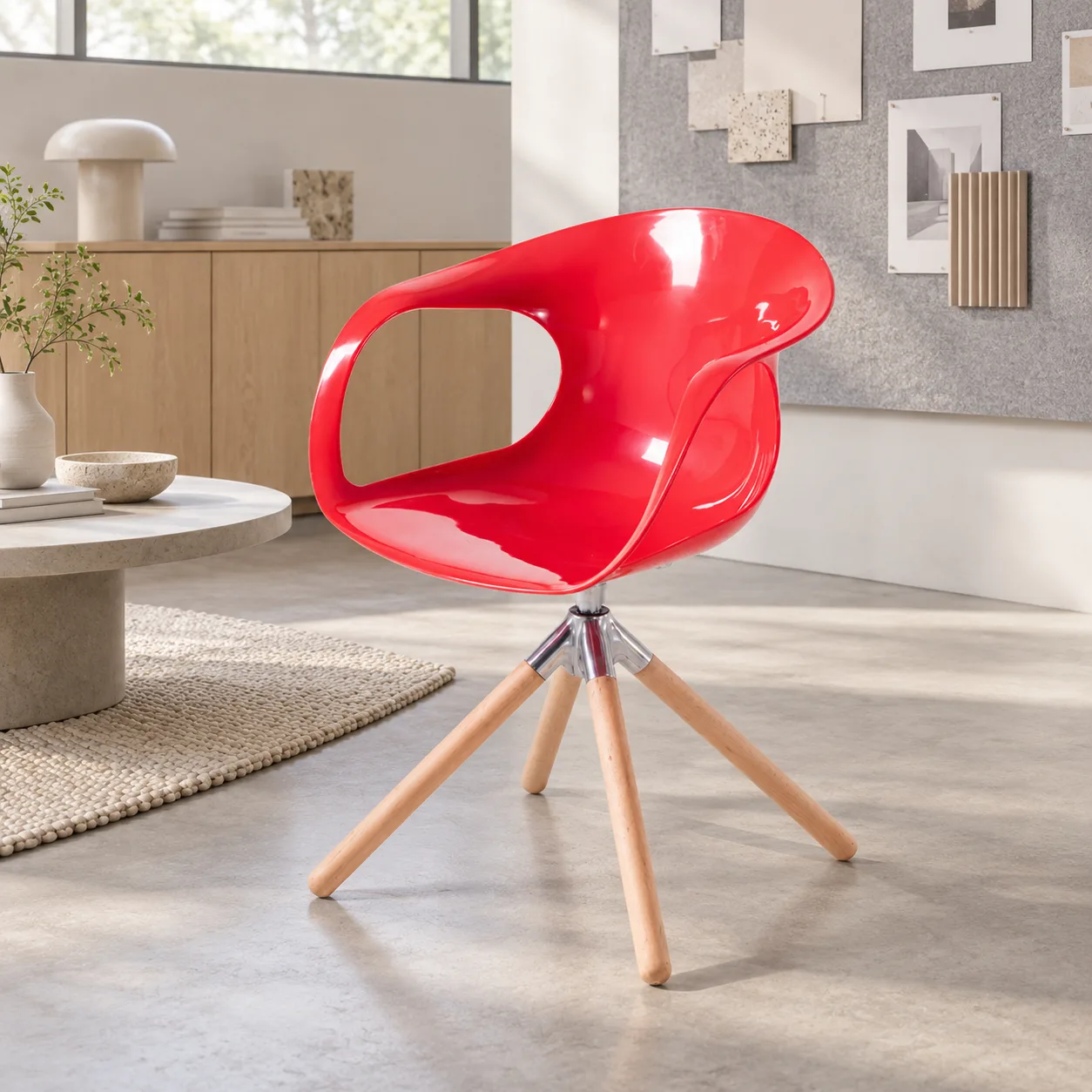 AH-8100-103 red open-sided chair with wood legs in a design studio lounge