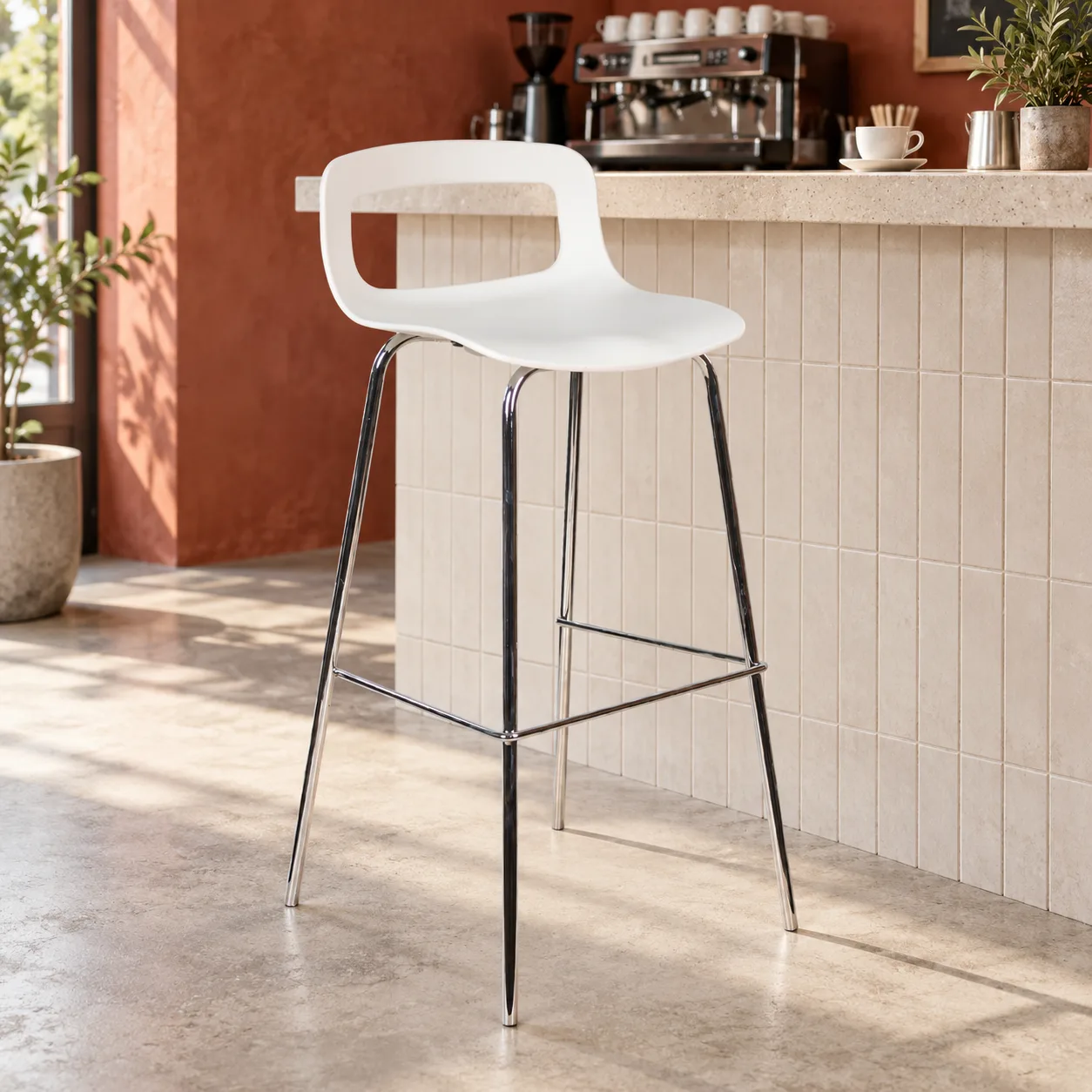 AH-8120-22D white open-back plastic bar chair at a neighbourhood coffee bar