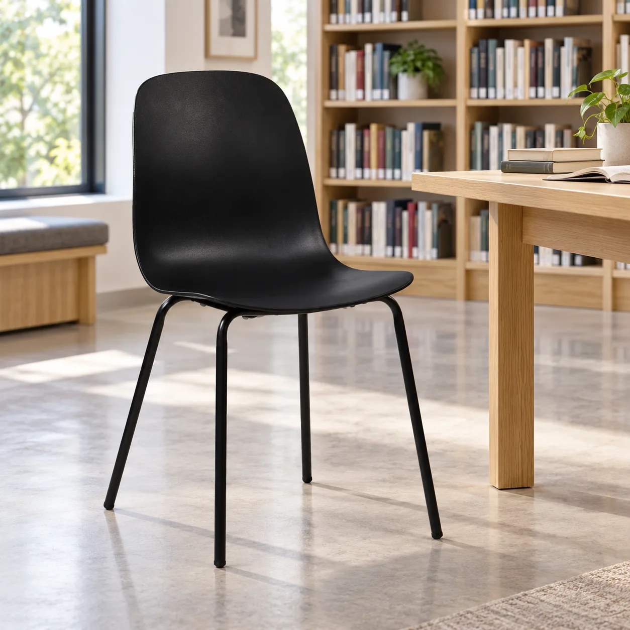 AH-8131-101 black plastic chair at a quiet library reading desk