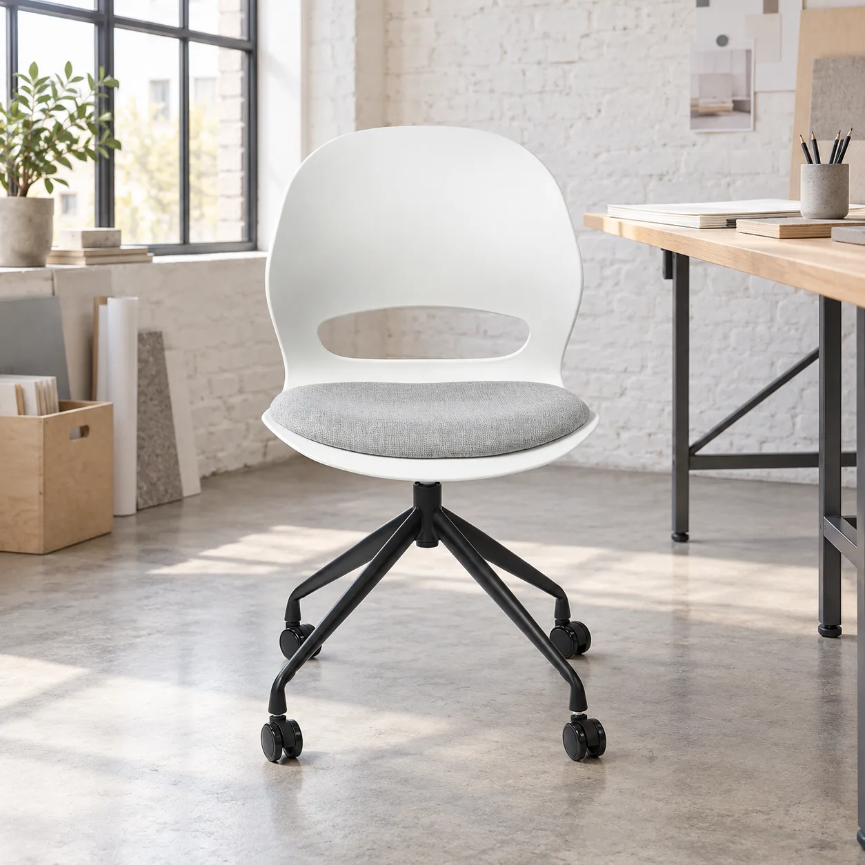 AH-8511-101 white swivel office chair with a rounded open back, grey fabric pad and four-spoke castor base in a creative studio