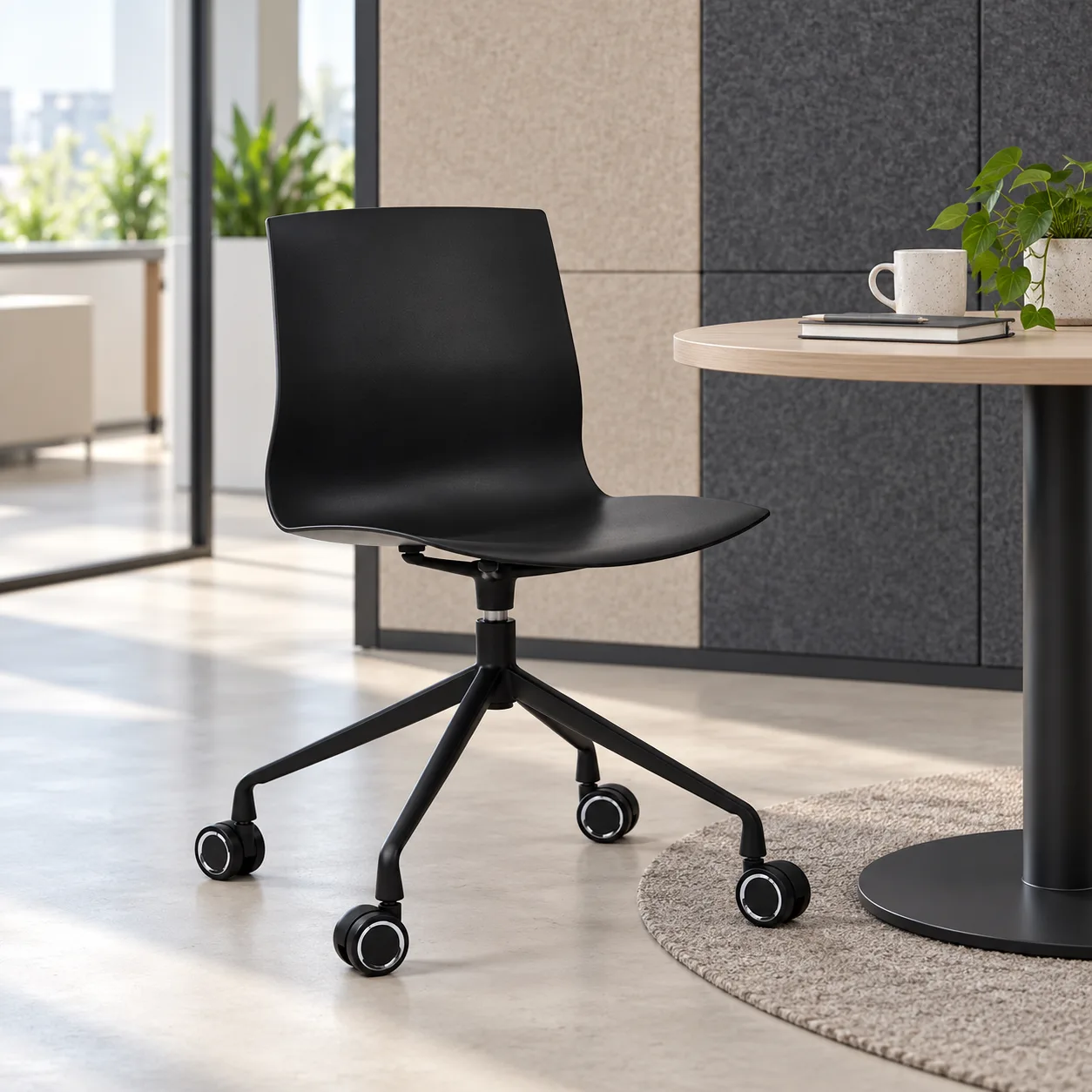 AH-8520-101 black unpadded plastic chair in a shared-office discussion nook