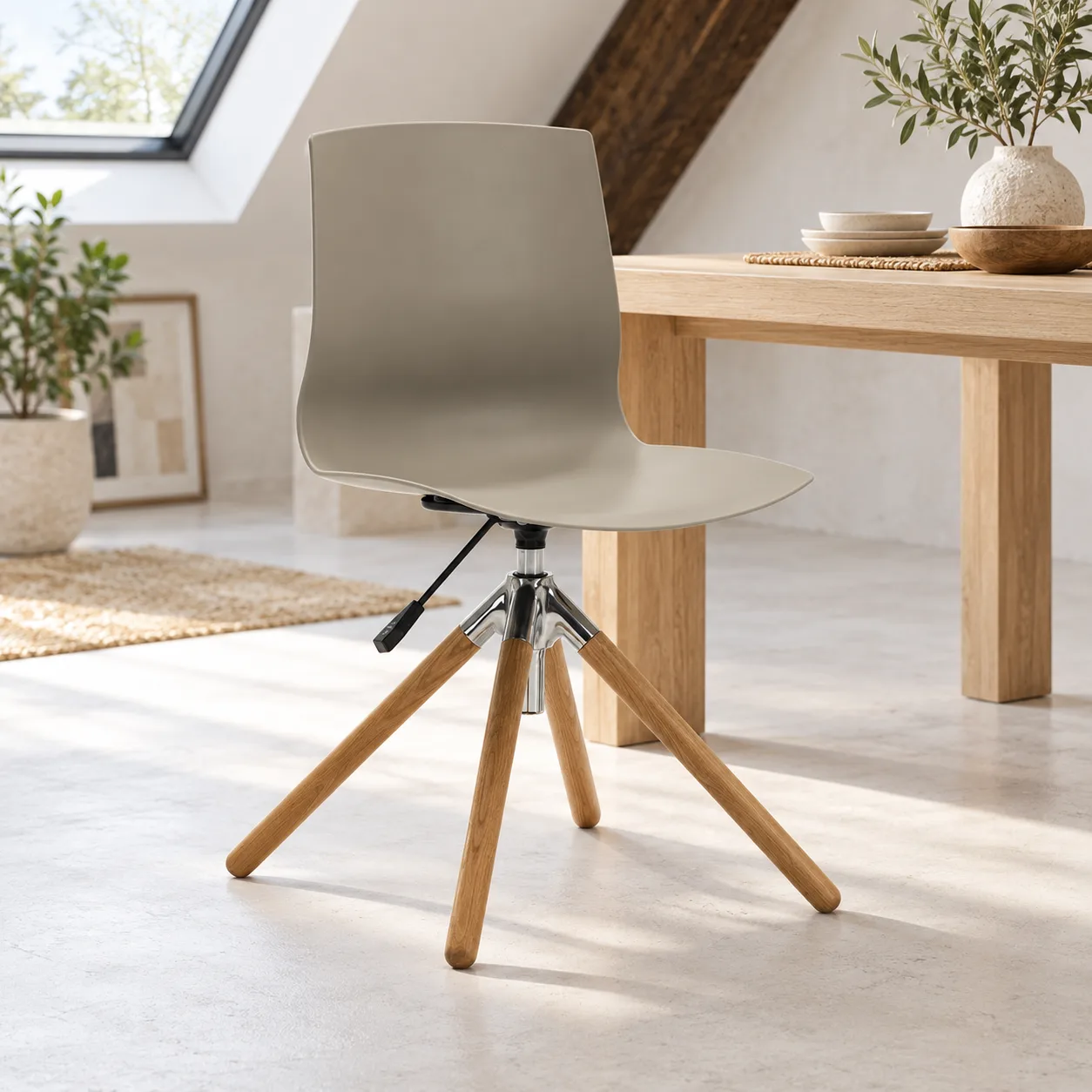 AH-8520-103 taupe plastic dining chair with wood legs in a daylight loft dining area