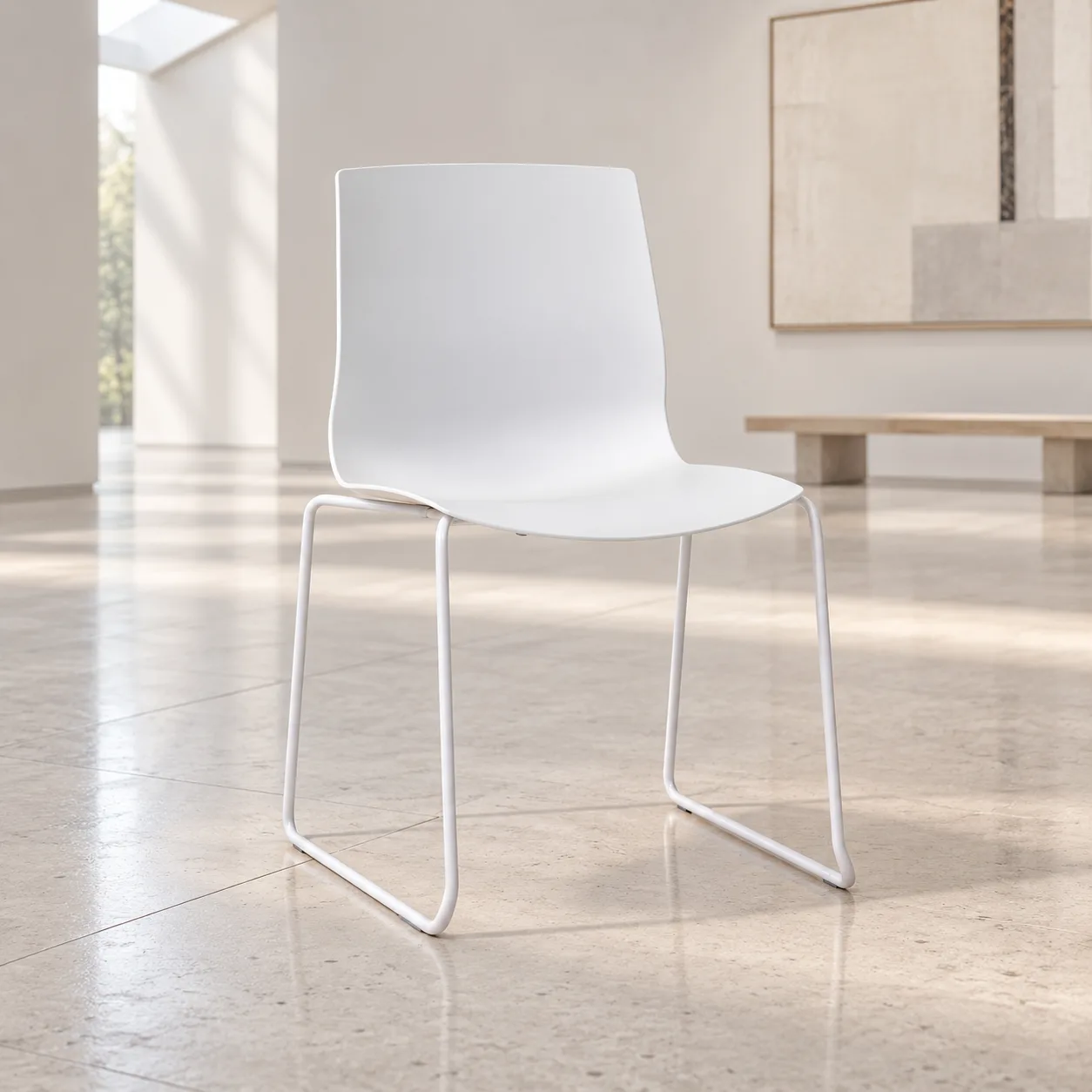 AH-8520-104 white plastic chair with a metal sled frame in an art-gallery waiting area