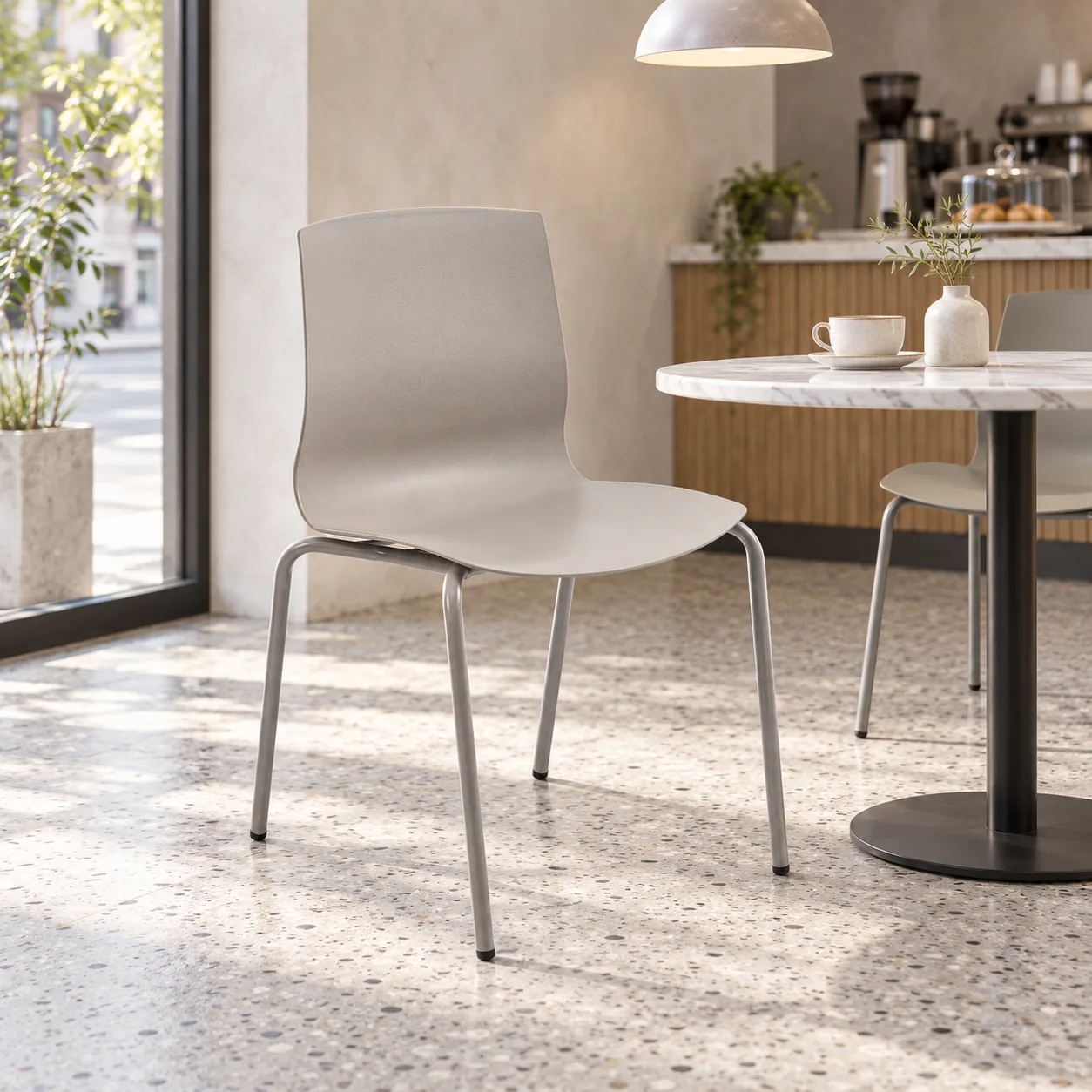 AH-8520-108 taupe stackable dining chair in a street-window cafe dining area
