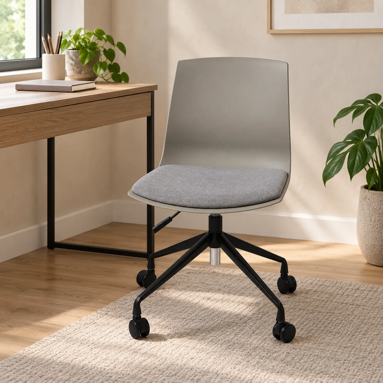 AH-8521-101 taupe-grey plastic chair with a grey fabric seat pad in a home work alcove