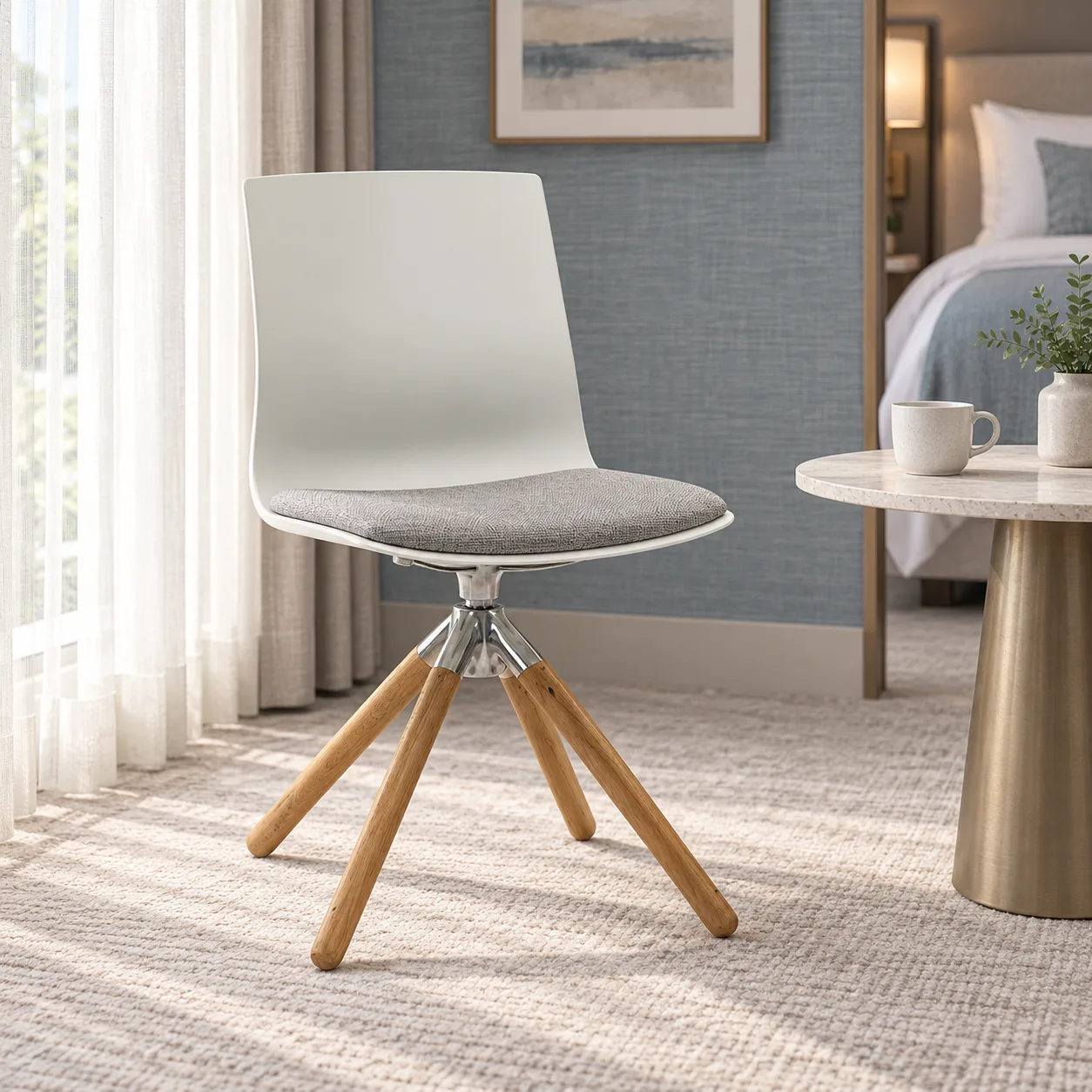 AH-8521-103 white armless swivel chair with a grey fabric pad and wood legs in a hotel sitting corner
