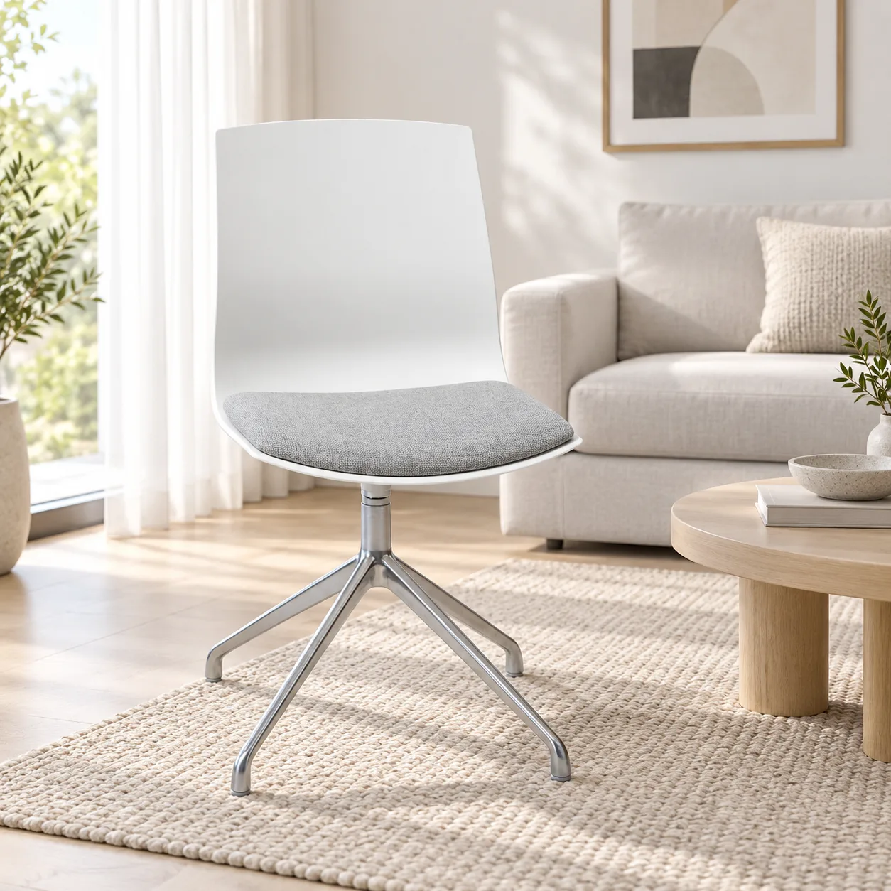 AH-8521-36D white swivel living room chair with a grey fabric seat pad and four fixed metal feet in a bright living room