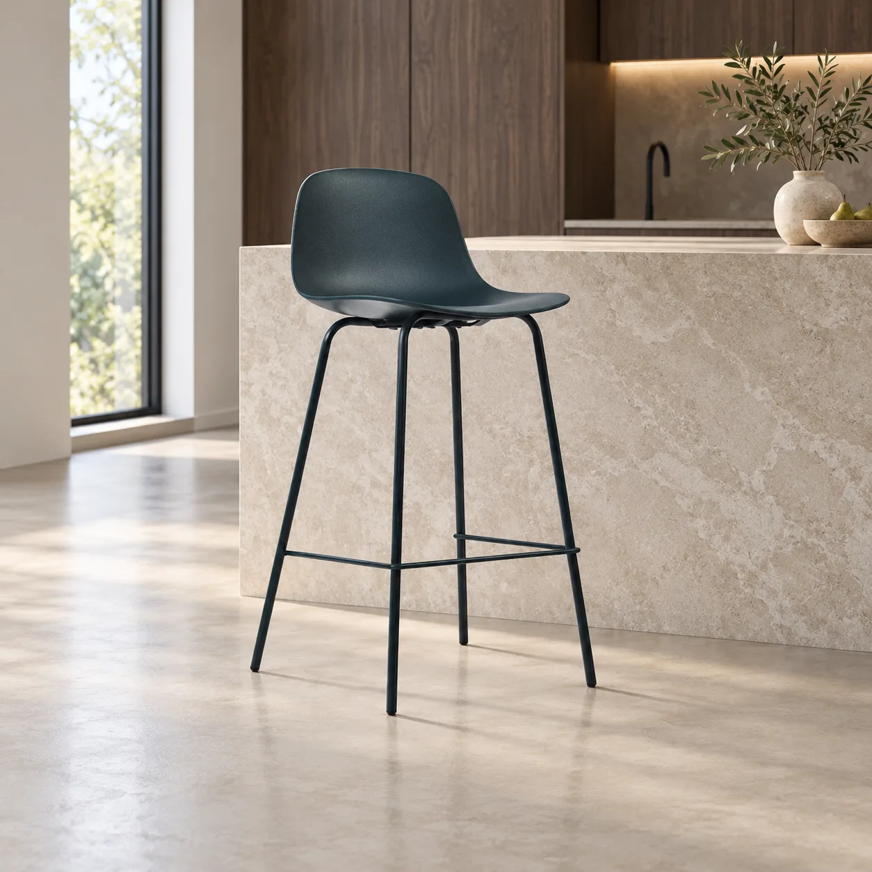 AH-8570-124 dark plastic bar chair beside a stone kitchen island