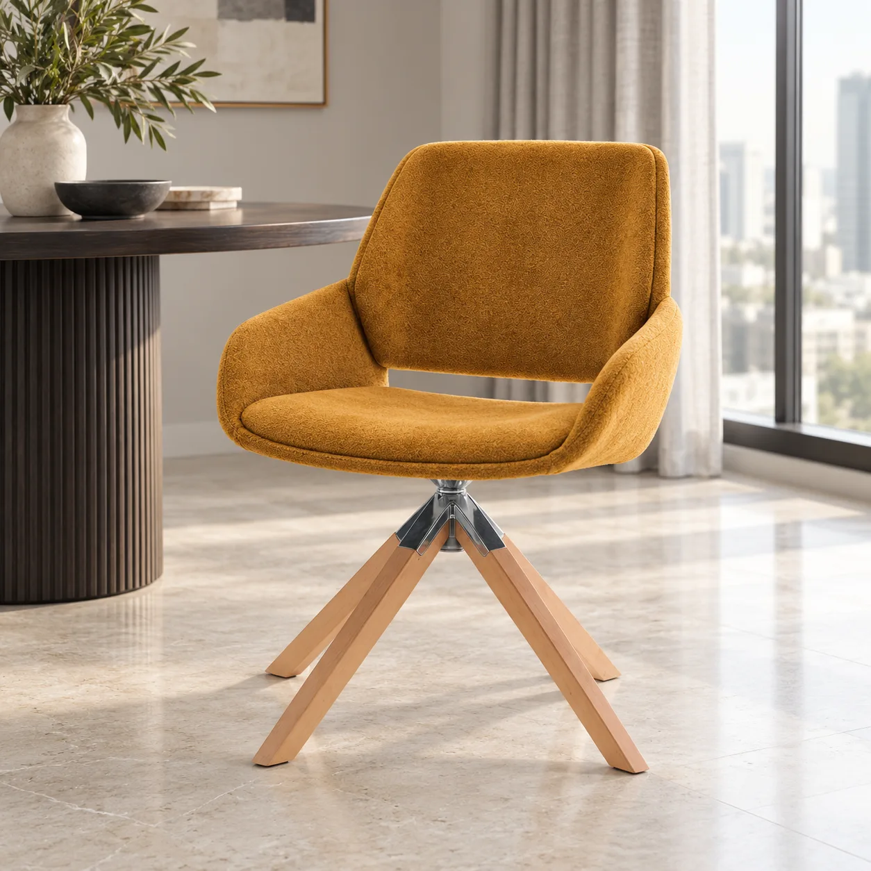 AH-8950-160 ochre upholstered swivel dining chair in a modern apartment dining area