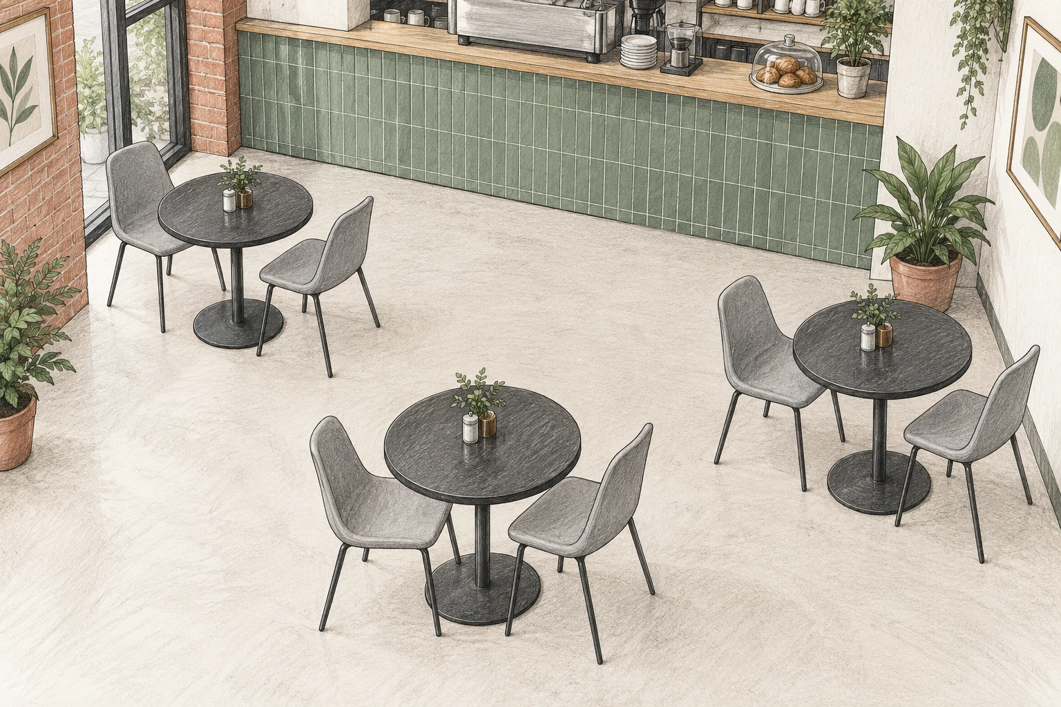 Cafe layout illustration showing dining tables, chairs and open circulation routes