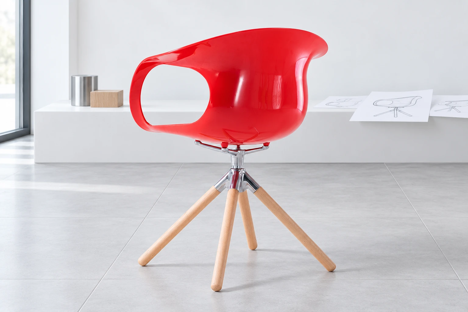 Red PATTRIX AH-8100-103 armchair with cut-out armrests, wooden legs and a metal connection beneath the seat