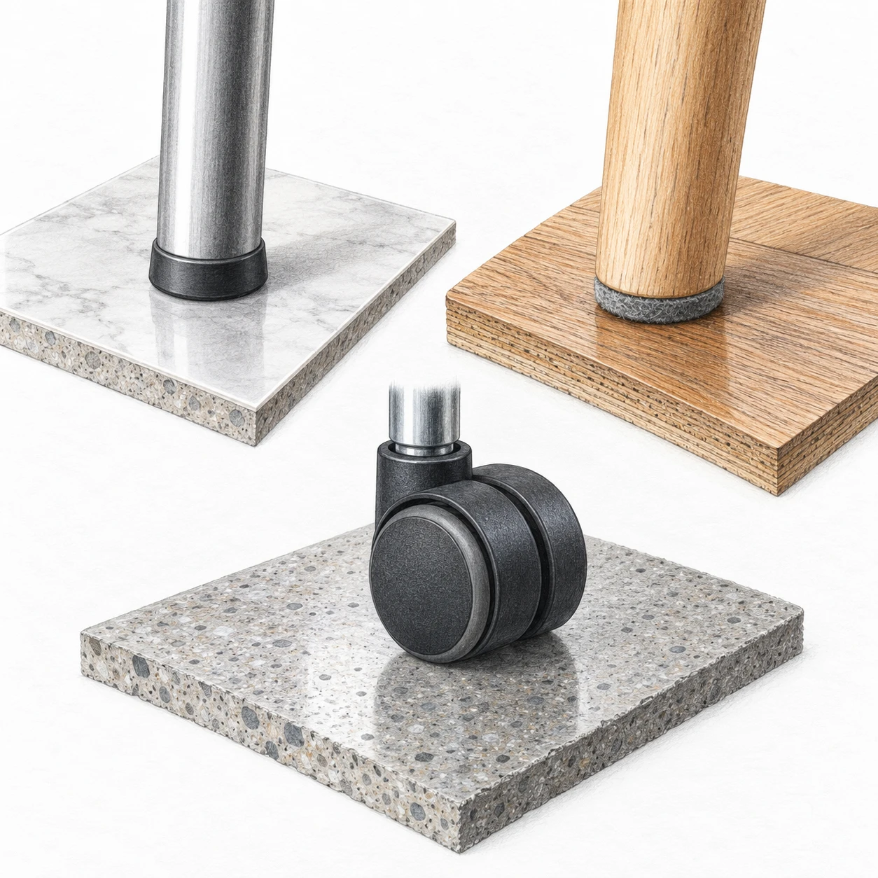 Close-up comparison of metal chair feet, wooden chair feet and a castor on different floor surfaces