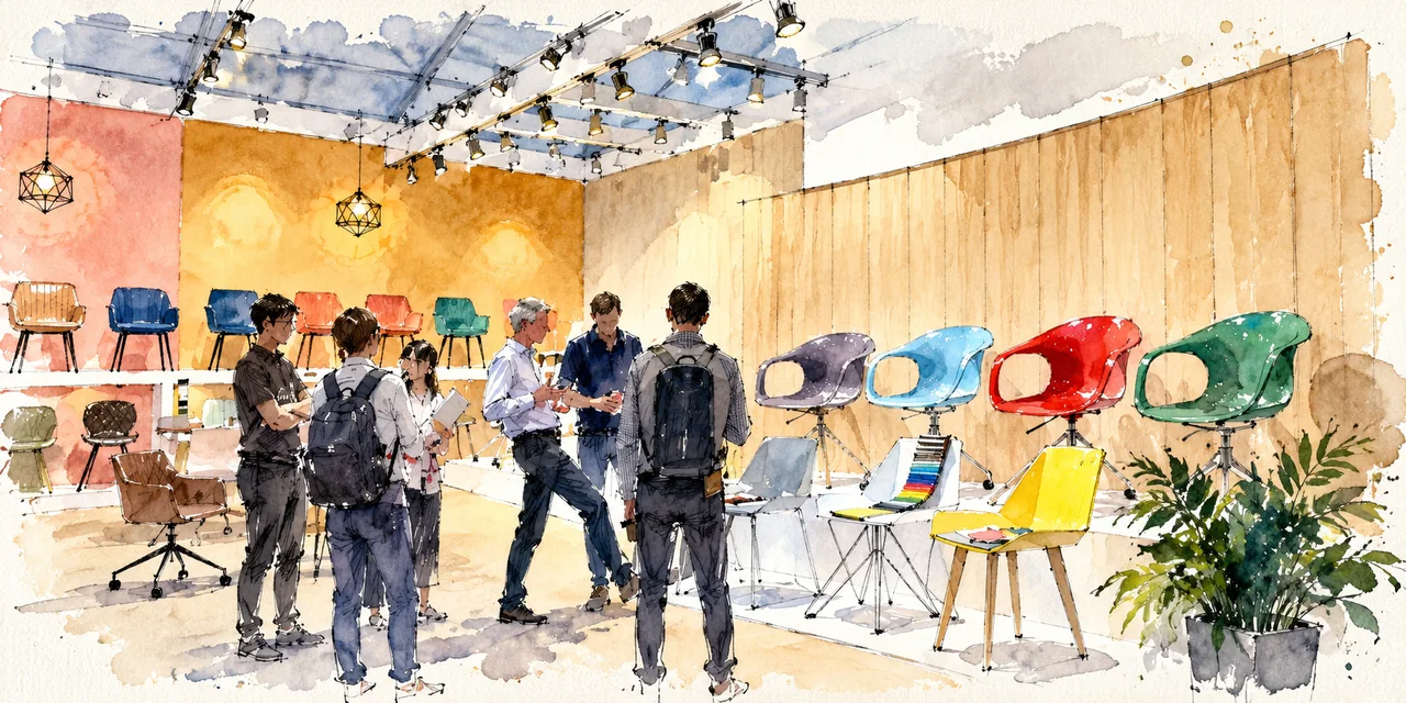 Ink and watercolour illustration of an exhibition booth with warm walls, colourful chairs and visitor figures.