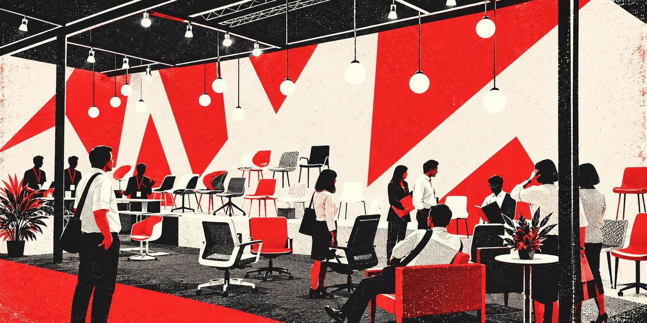 Red, white and black screenprint illustration of angular exhibition walls, pendant lights, varied chairs and visitor silhouettes.