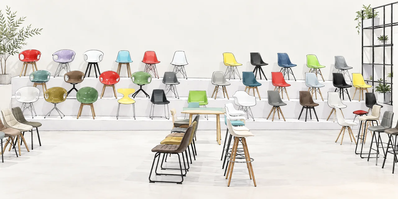 Fine-line catalogue illustration of colourful chairs arranged on stepped white exhibition platforms.