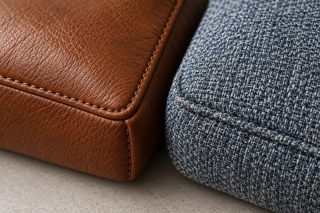 Close-up of a stitched brown leather-style upholstery edge beside a woven fabric cushion edge.