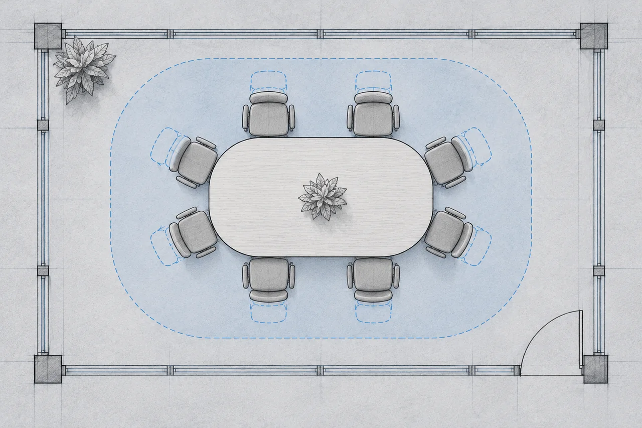 Graphite and blue overhead drawing of meeting-table chairs and their pulled-back positions with circulation gaps.