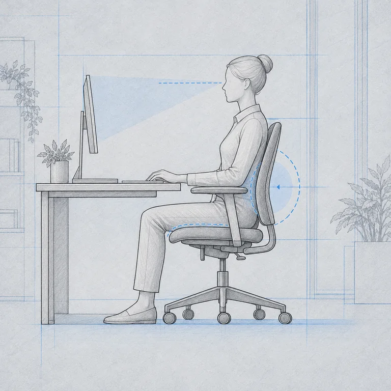 Graphite and blue side-view study of a person seated in an office chair with feet resting on the floor.