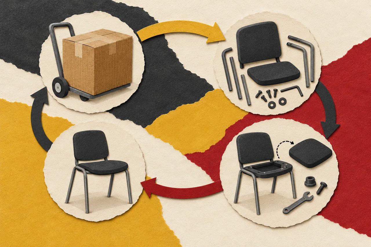 Paper-cut scenes of chair delivery, assembly, seat repair and a replacement chair connected by a continuous path.