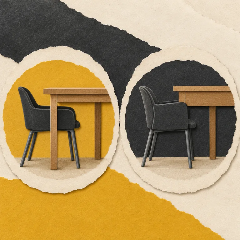 Paper-cut side views comparing a chair armrest below a table with an armrest obstructed by a deeper table apron.