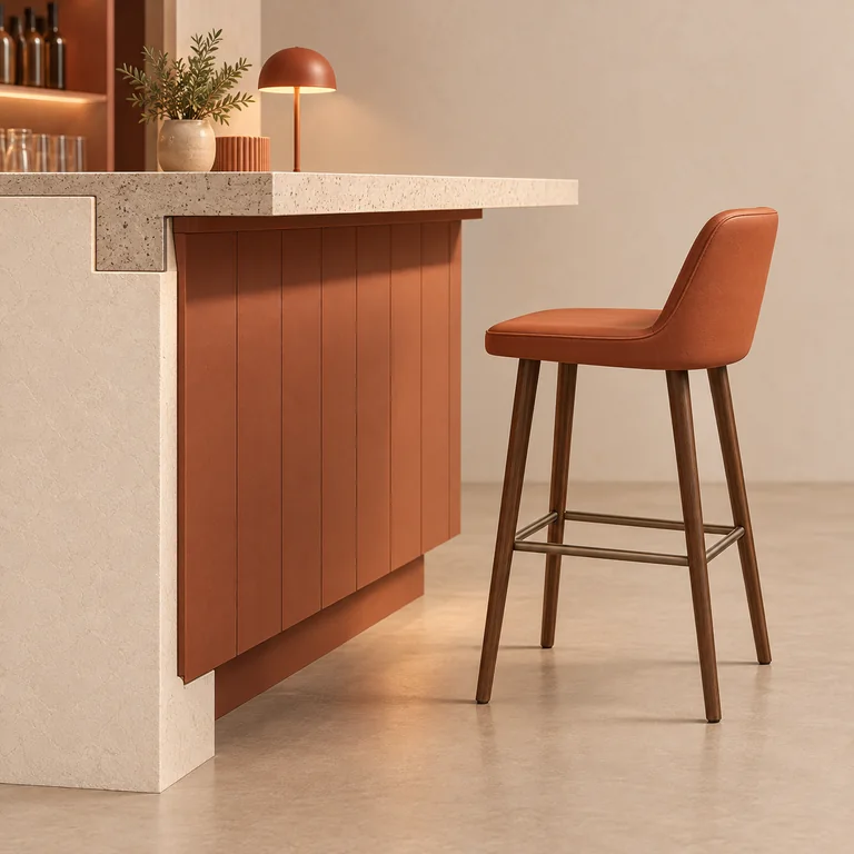 Architectural side-section illustration of a bar counter and a stool with a visible rung footrest.