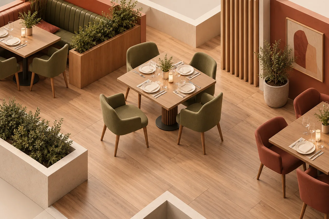 Architectural cutaway of restaurant tables with a pulled-back chair and clear space for circulation.